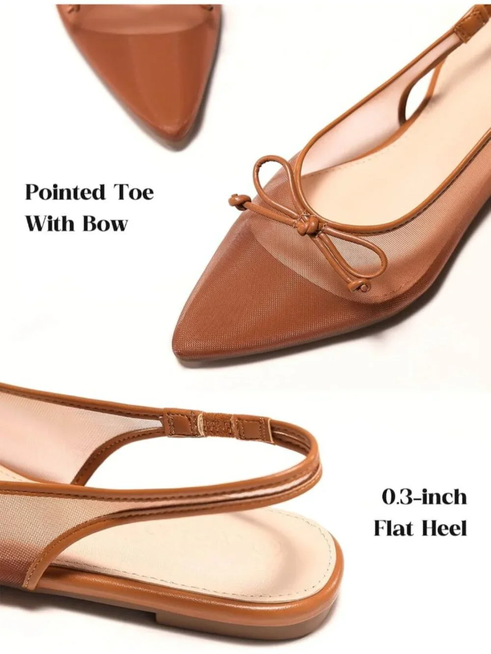 〽️Women's Brown Flats Bow Closed Pointed Toe Low Heel Slingback Sandals Shoes